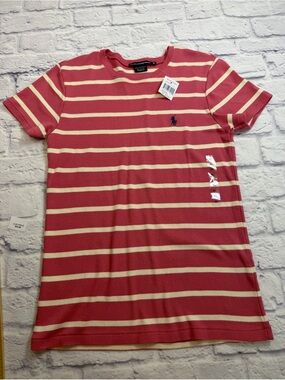 NWT Ralph Lauren Sport Pink & Cream Striped Crewneck Tee. Pony Logo. Size XL.